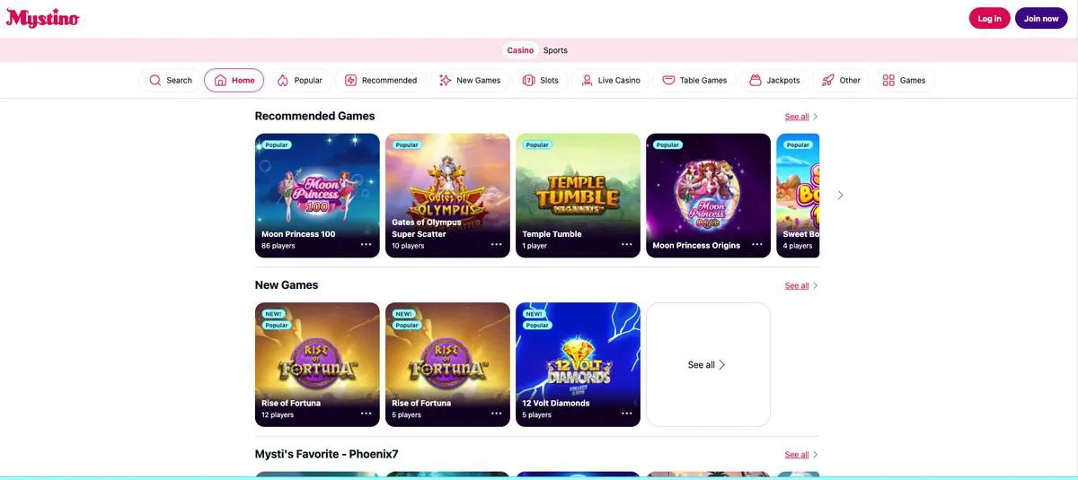 Mystinoの入金不要ボーナス画面